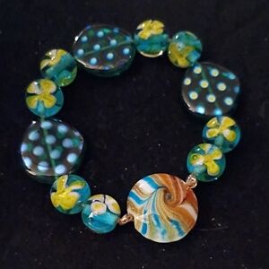 Artisan Teal and Yellow Glass Bead Bracelet